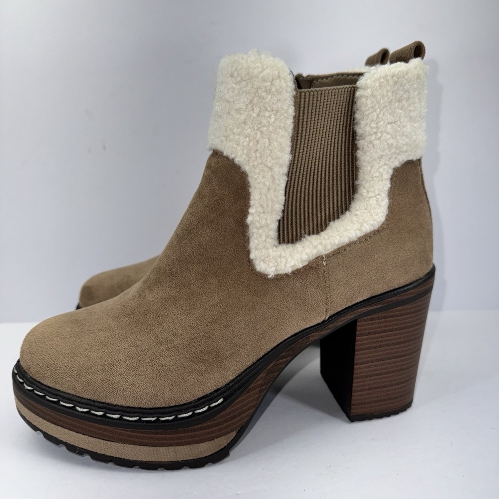 Pierre Dumas Sonata 2 Platform Bootie Brown Faux Suede with Sherpa Cuff Size 7